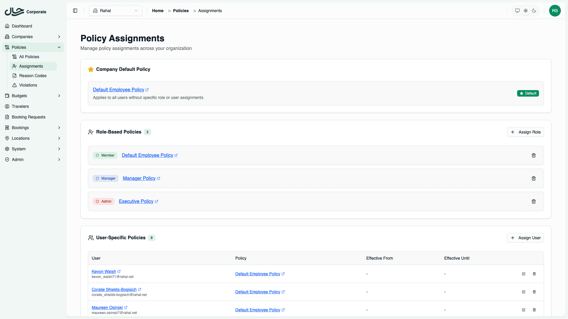 Policy Assignments page showing all company assignments