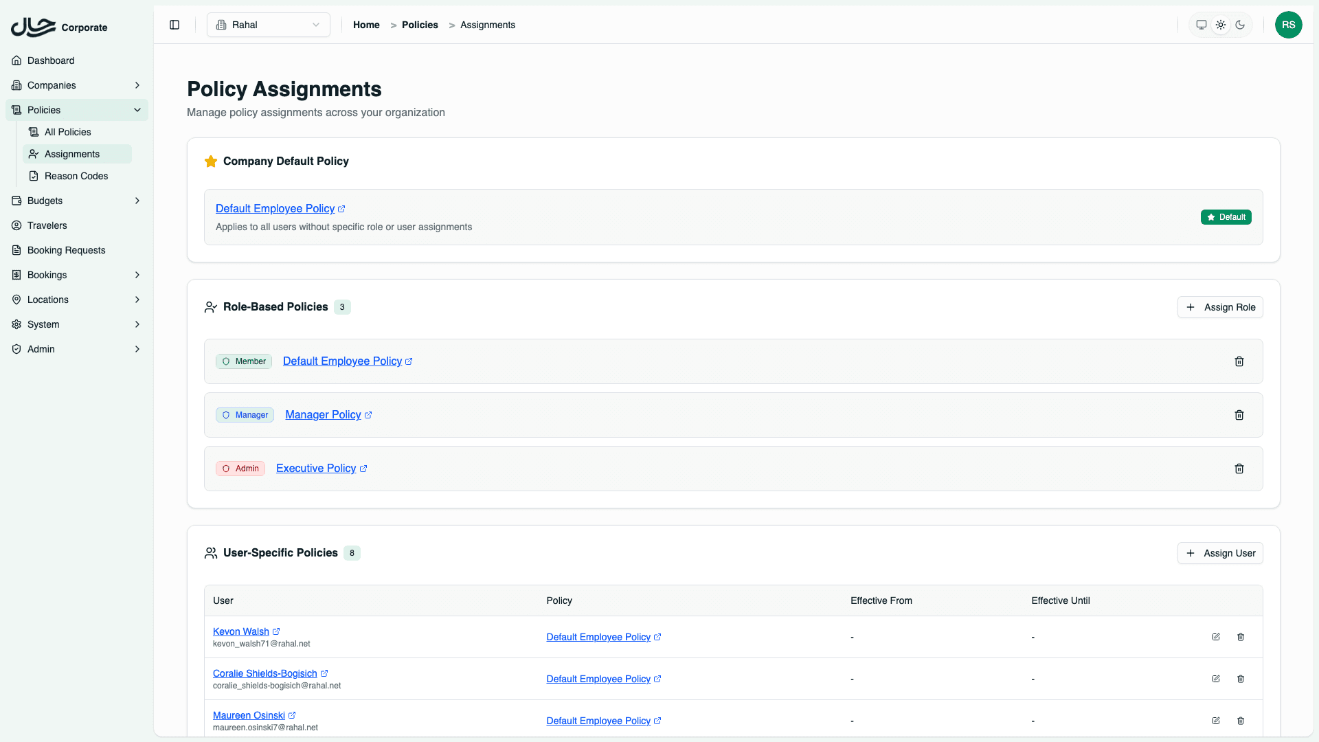 Policy Assignments page showing all company assignments