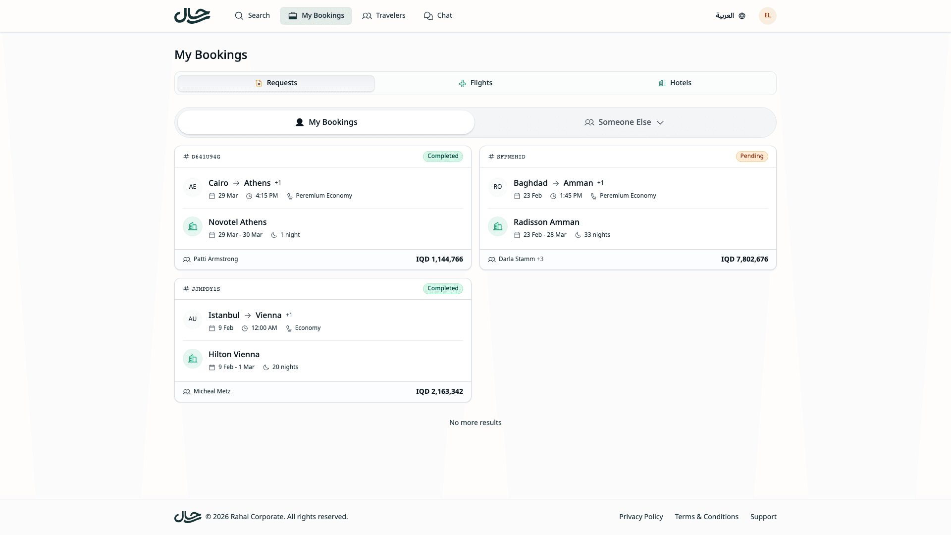Bookings page with context selector