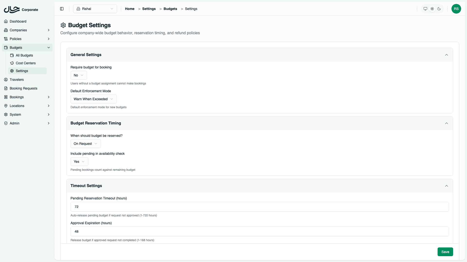 Budget settings page
