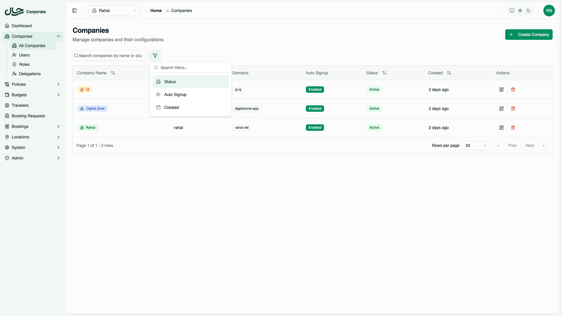 Filter options for Status, Auto Signup, and Created Date