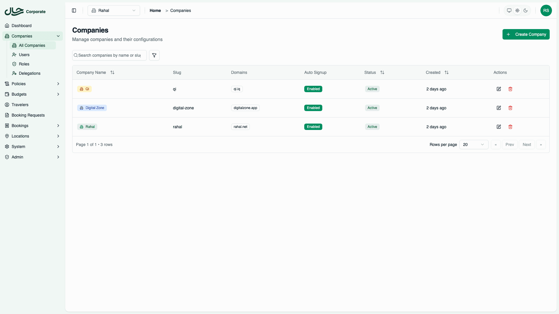 Companies list showing company names, domains, auto-signup status, and actions