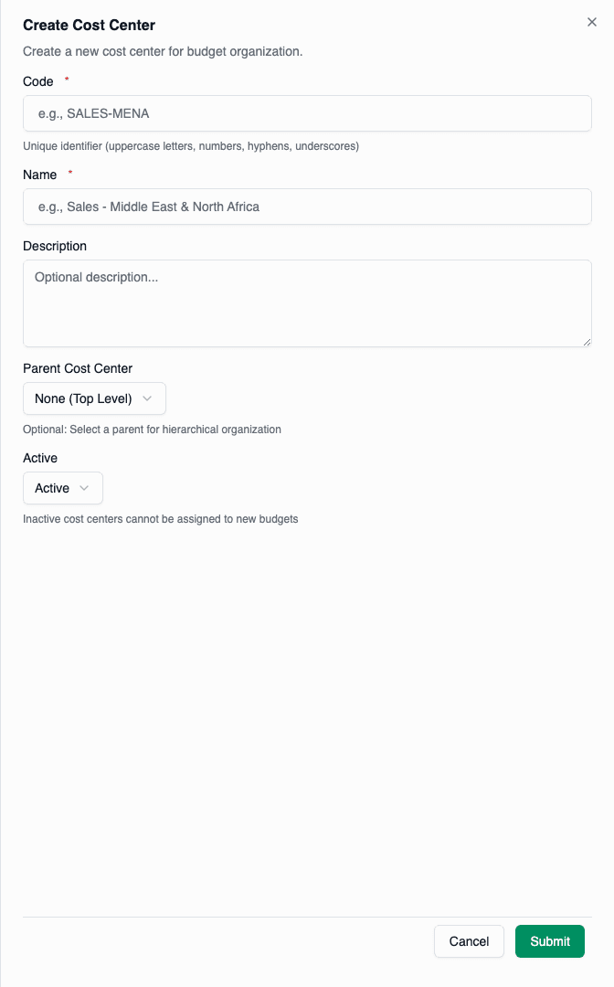 Create cost center form