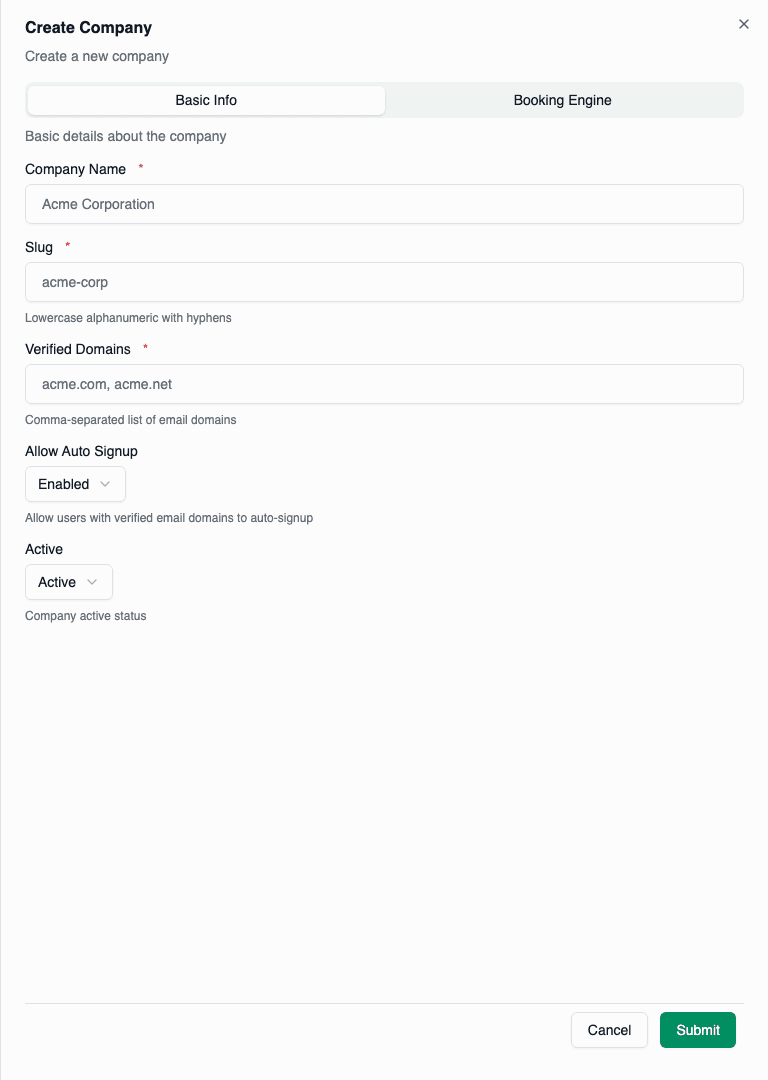 Create company drawer showing Basic Info fields