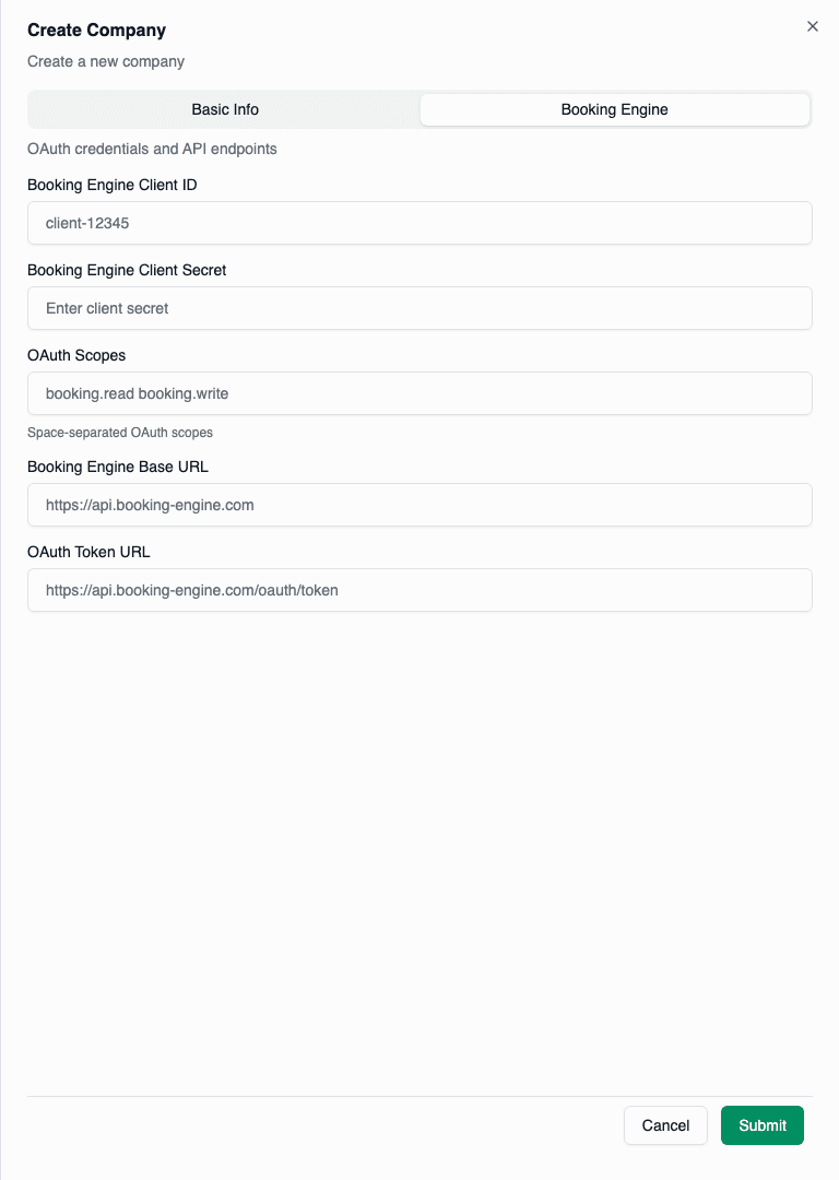 Booking Engine tab with OAuth configuration fields
