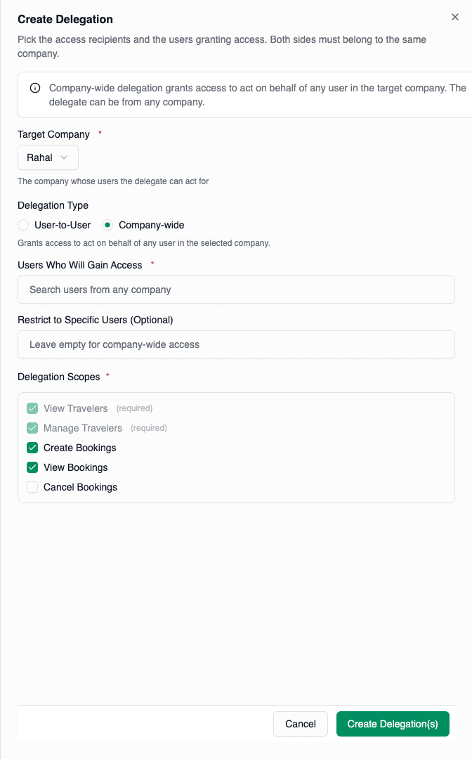 Create delegation drawer with Company-wide type selected