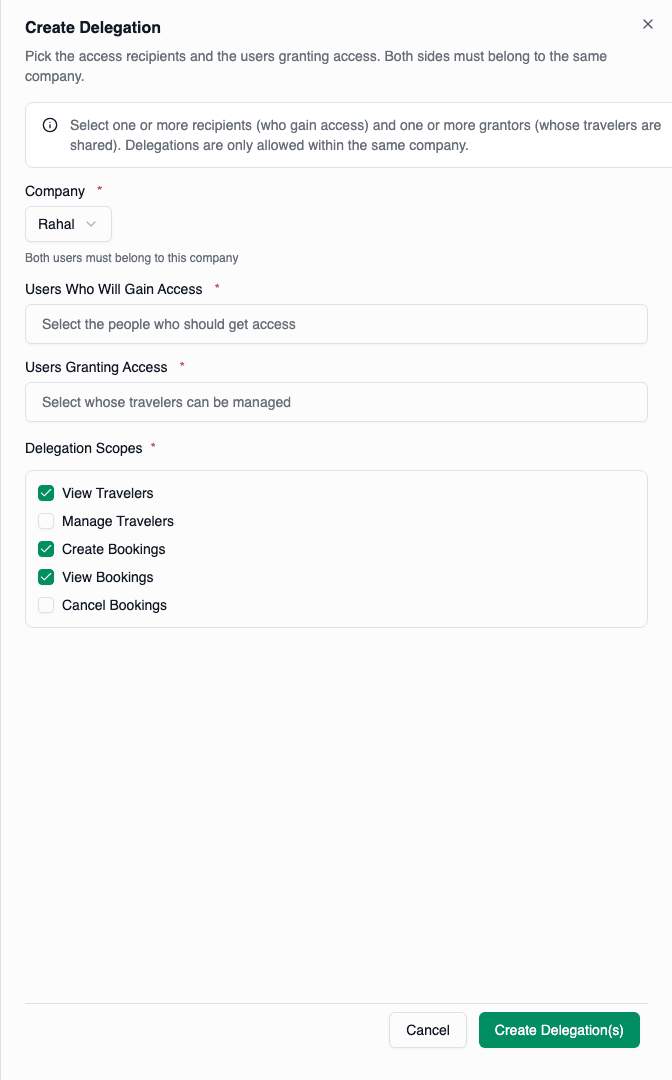 Create delegation drawer with company, users, and scope selection fields
