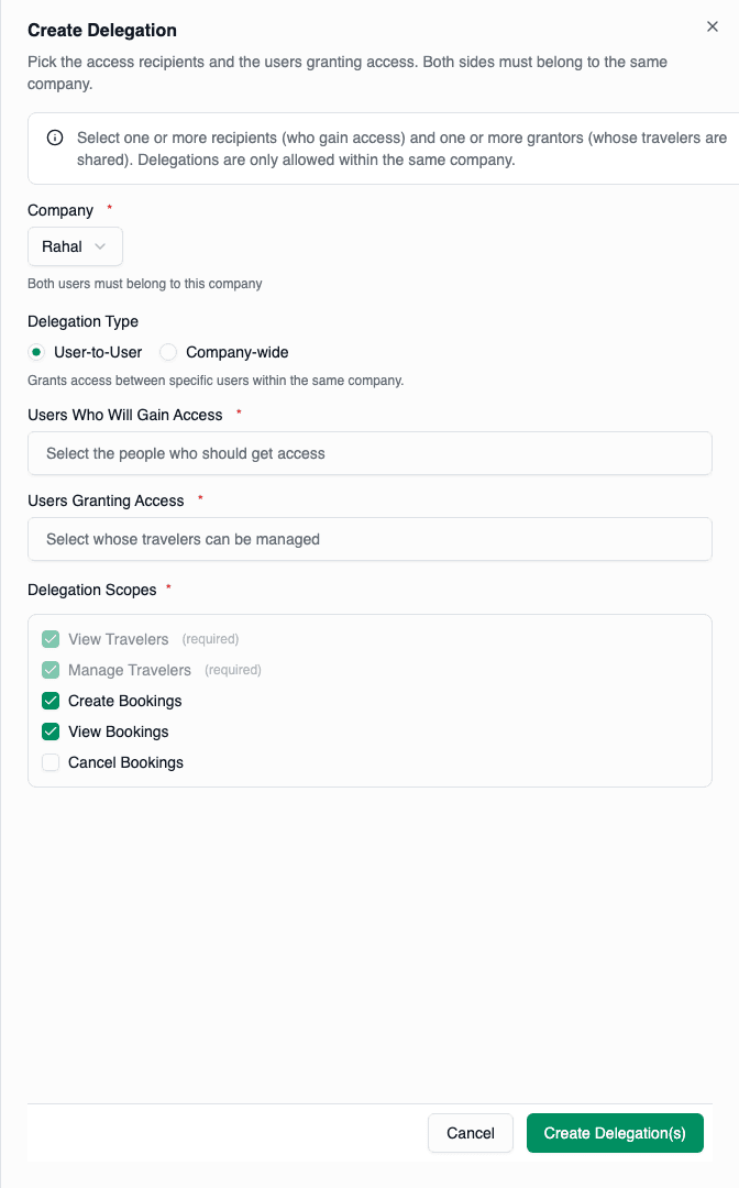 Create delegation drawer with User-to-User type selected