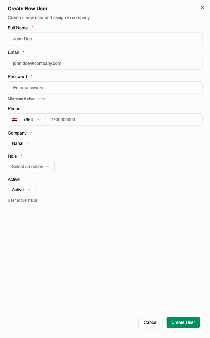 Create user form with fields for name, email, password, company, and role