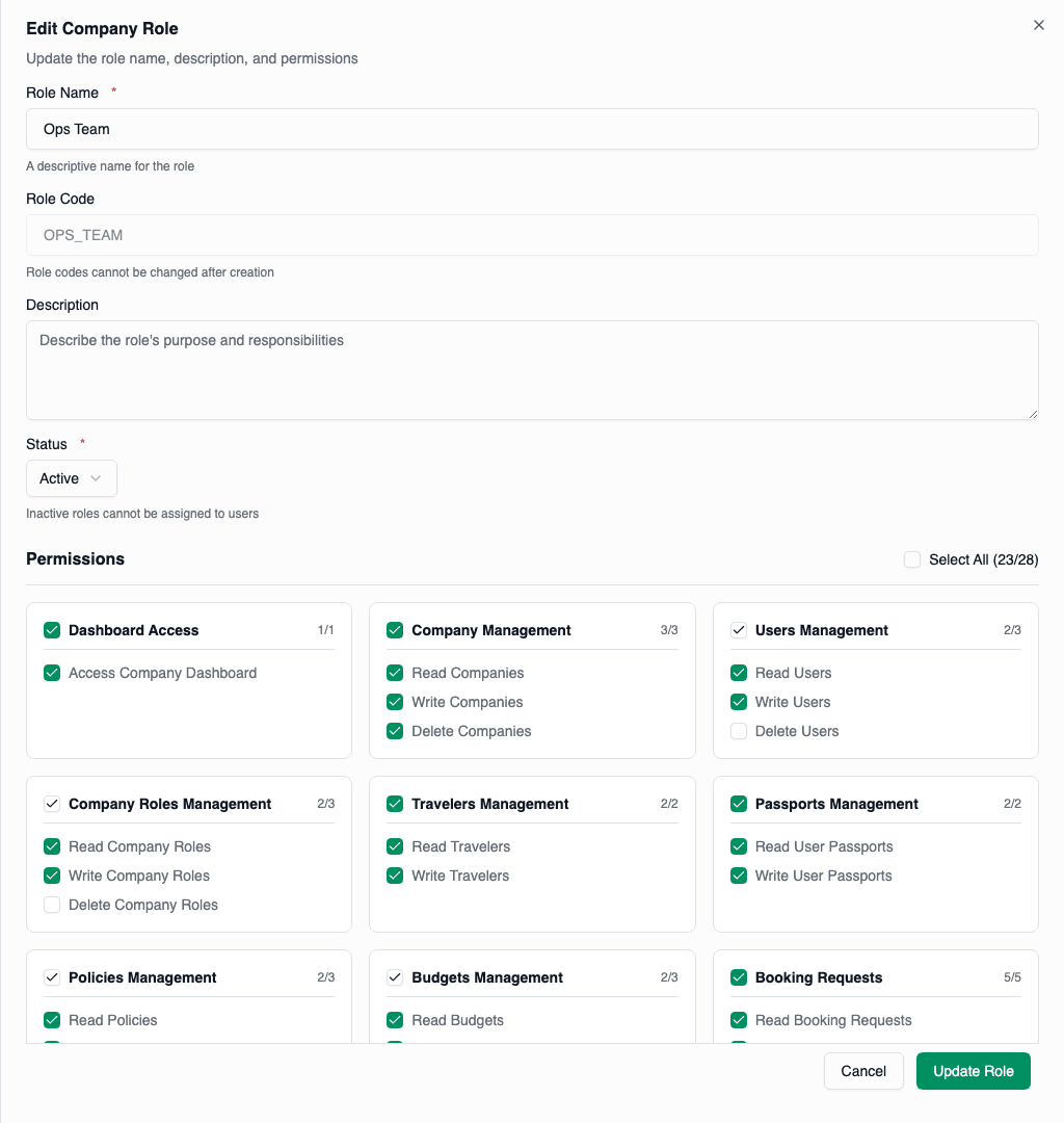 Custom role edit drawer with editable permissions
