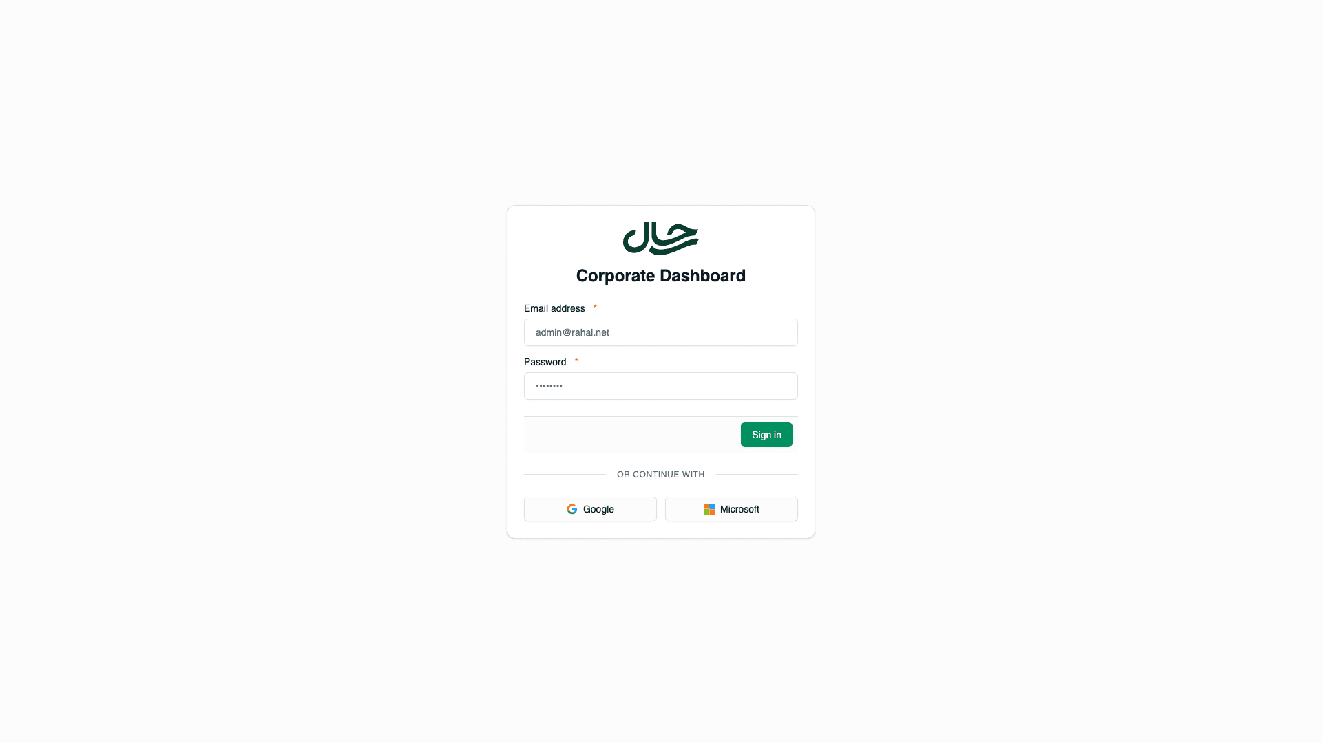 Dashboard login page with email/password form and social login buttons
