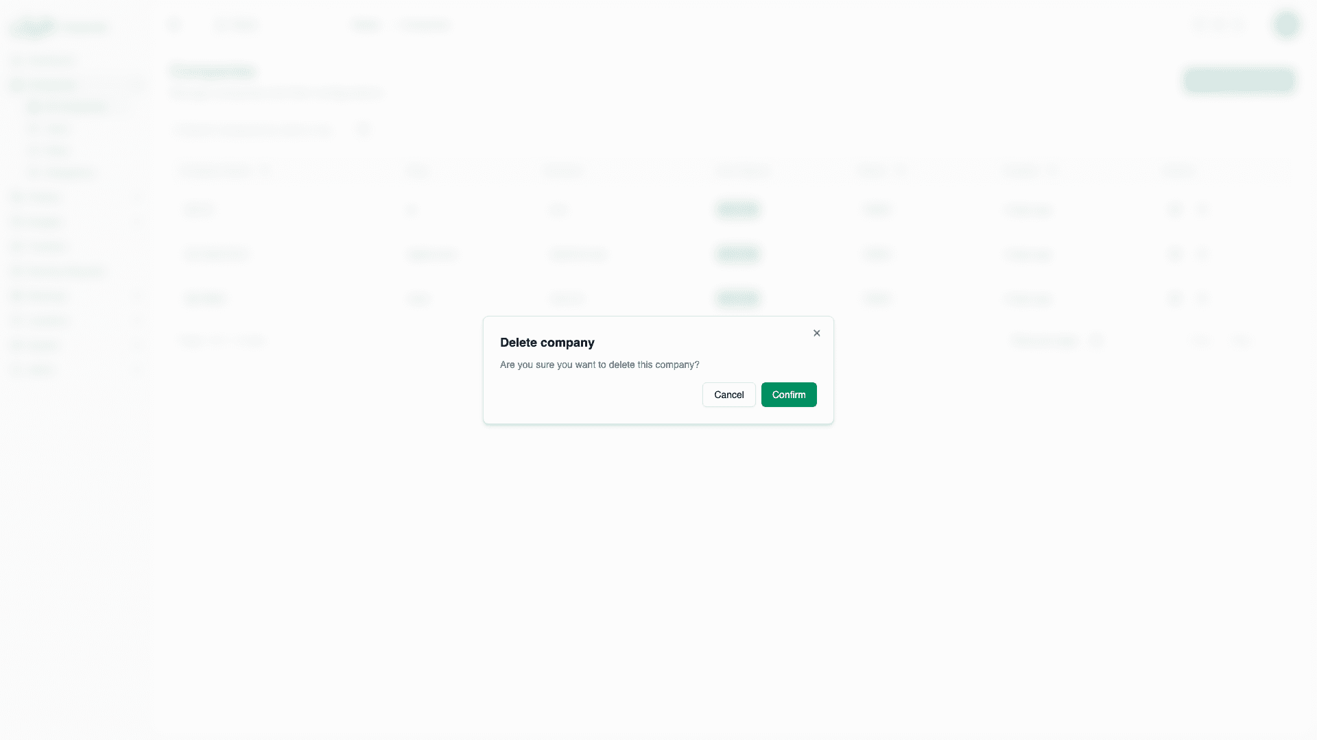 Delete confirmation dialog asking to confirm company deletion