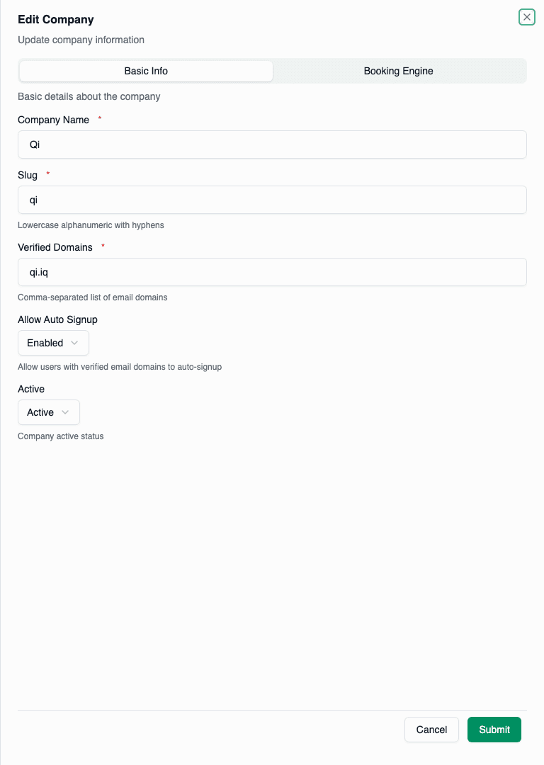 Edit company drawer showing editable fields