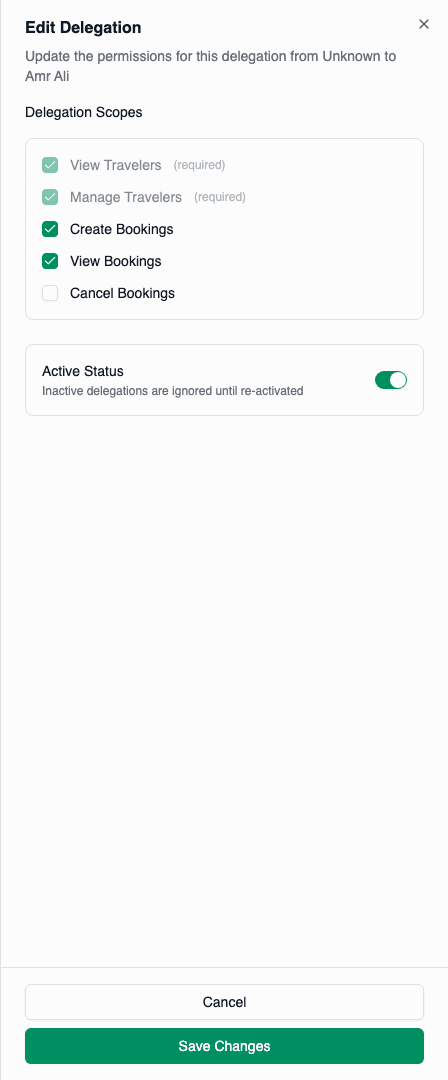 Edit delegation drawer with scope checkboxes and active status toggle