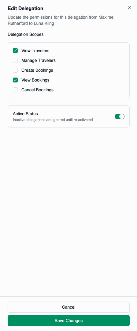 Edit delegation drawer with scope checkboxes and active status toggle