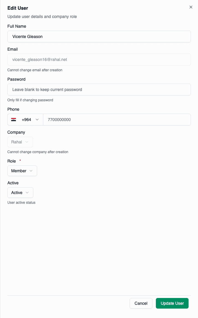 Edit user form showing editable fields