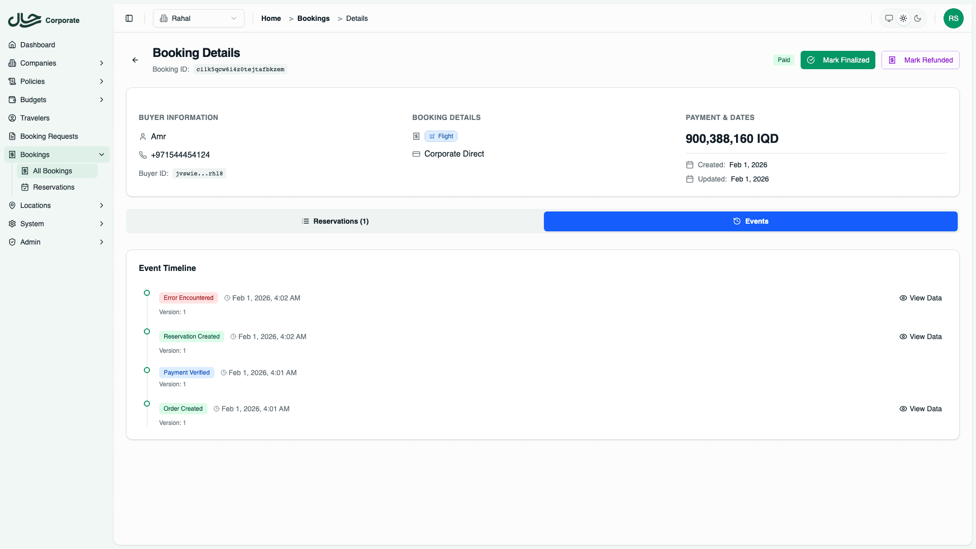 Events tab showing order audit trail