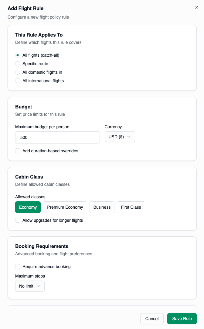 Flight rule configuration form