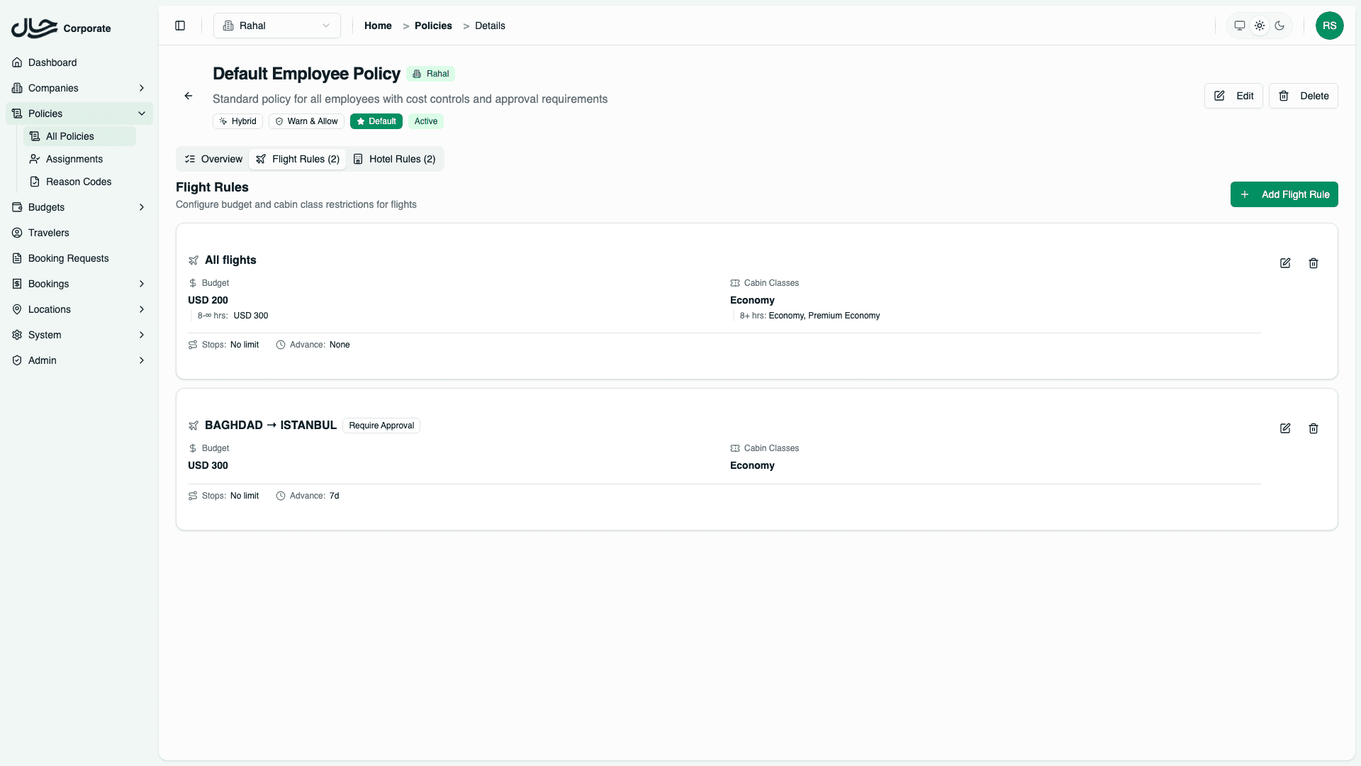 Flight rules tab showing existing rules