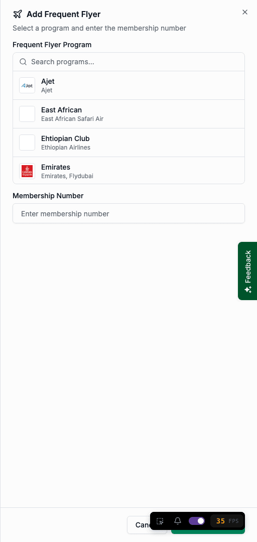 Add frequent flyer membership form