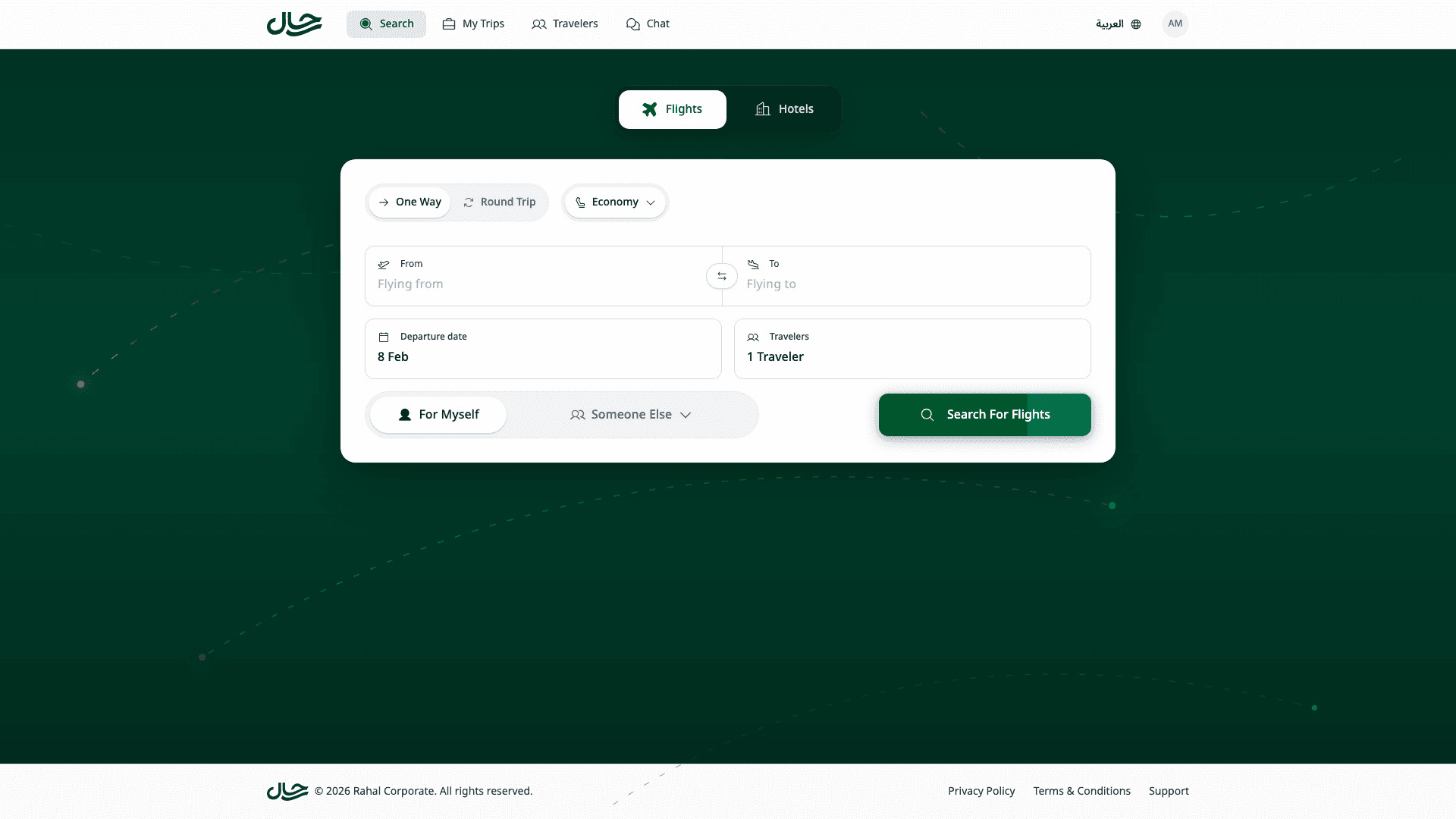 Home page with booking context selector