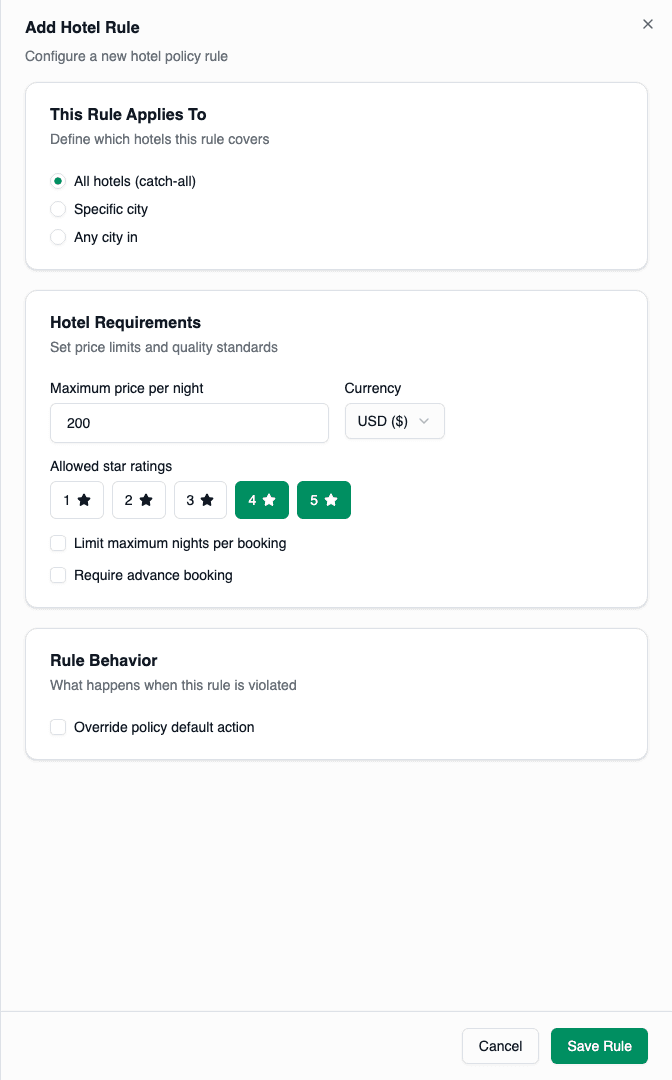 Hotel rule configuration form