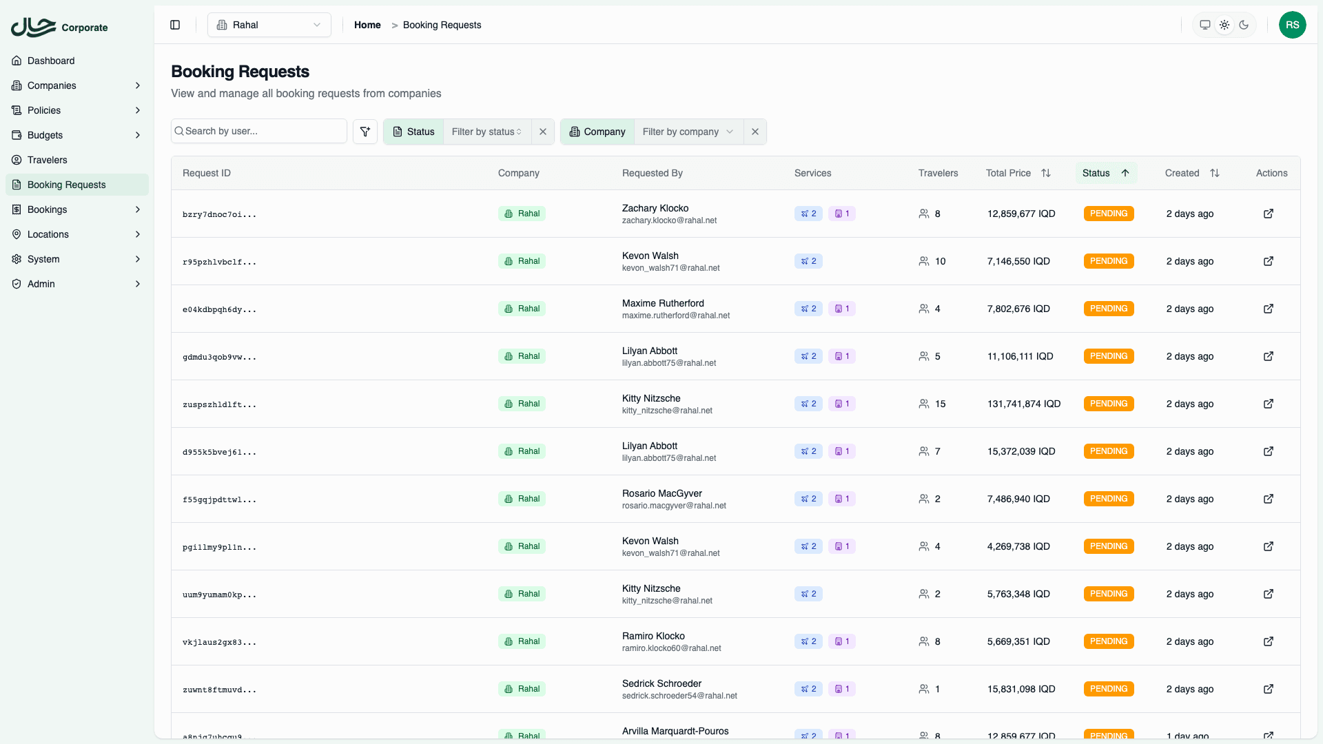 Booking requests list with filters