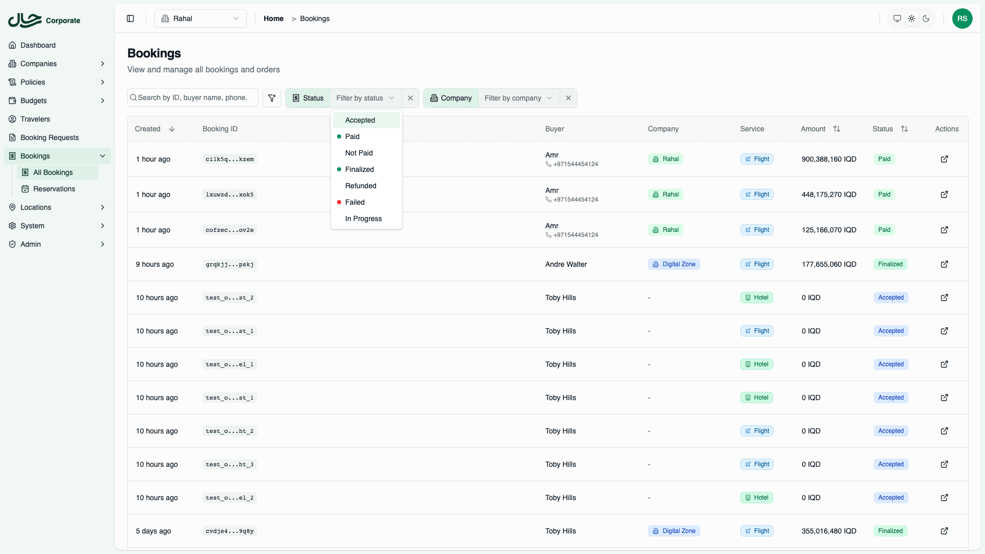 Bookings list with status filter dropdown open