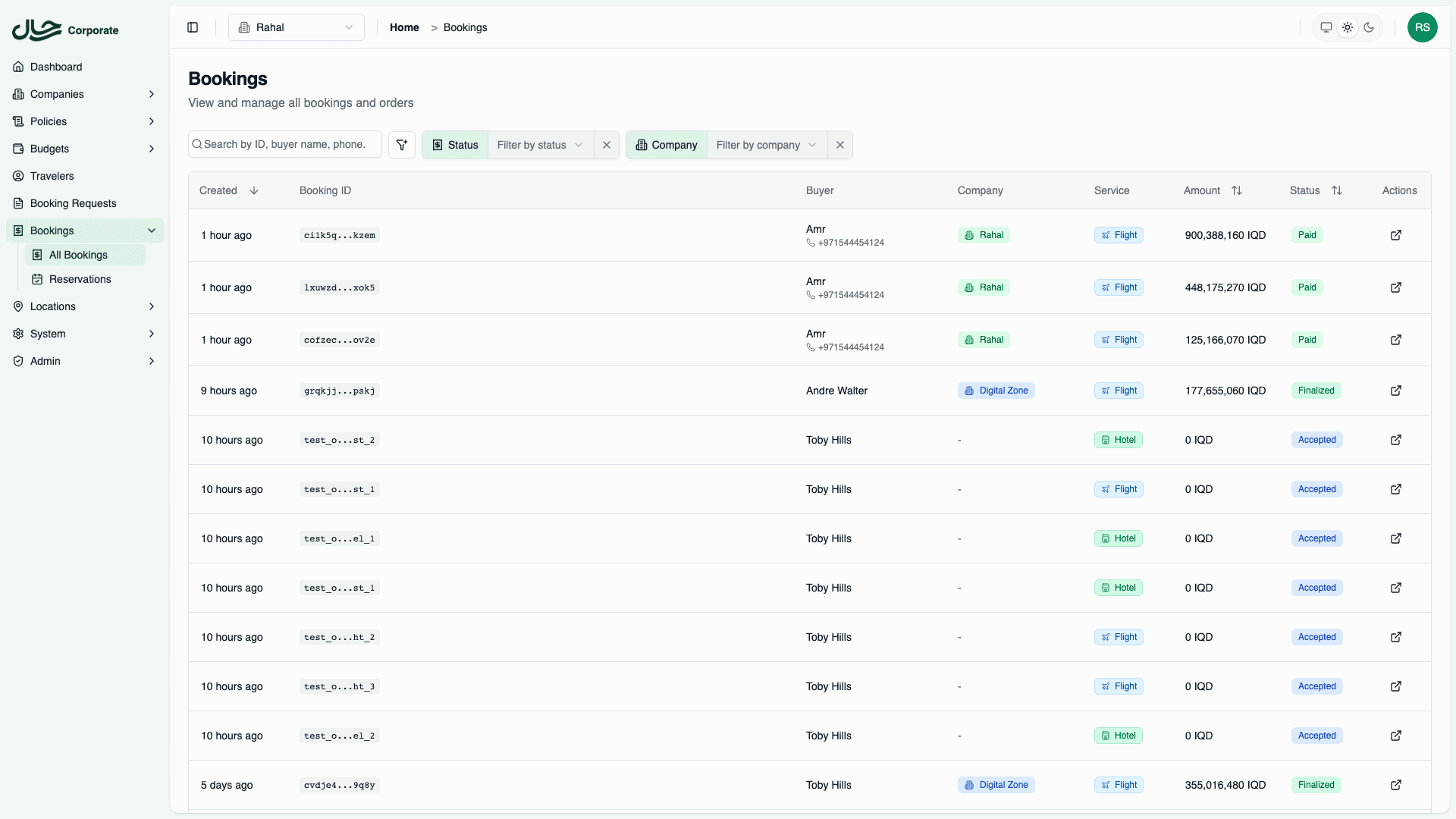 Bookings list showing orders with status, buyer, and company information
