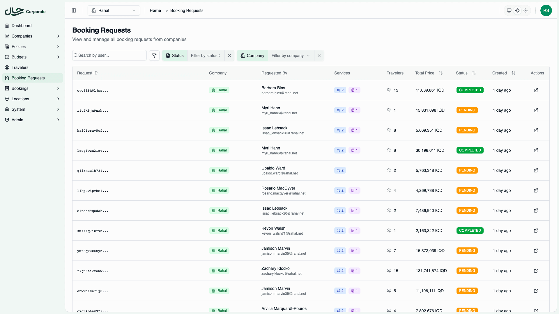 Booking requests list