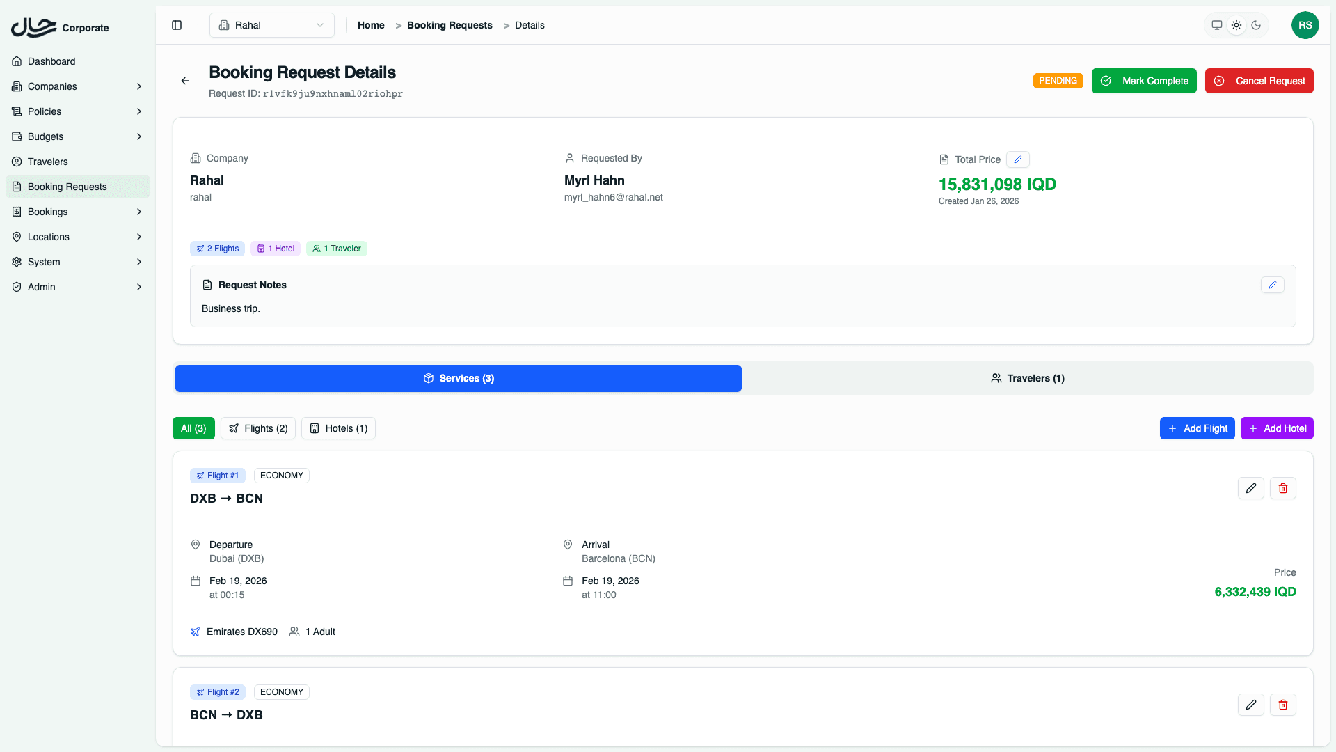 Pending request with action buttons