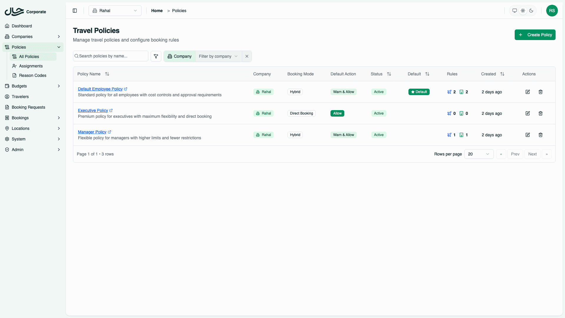 Policy list showing existing policies