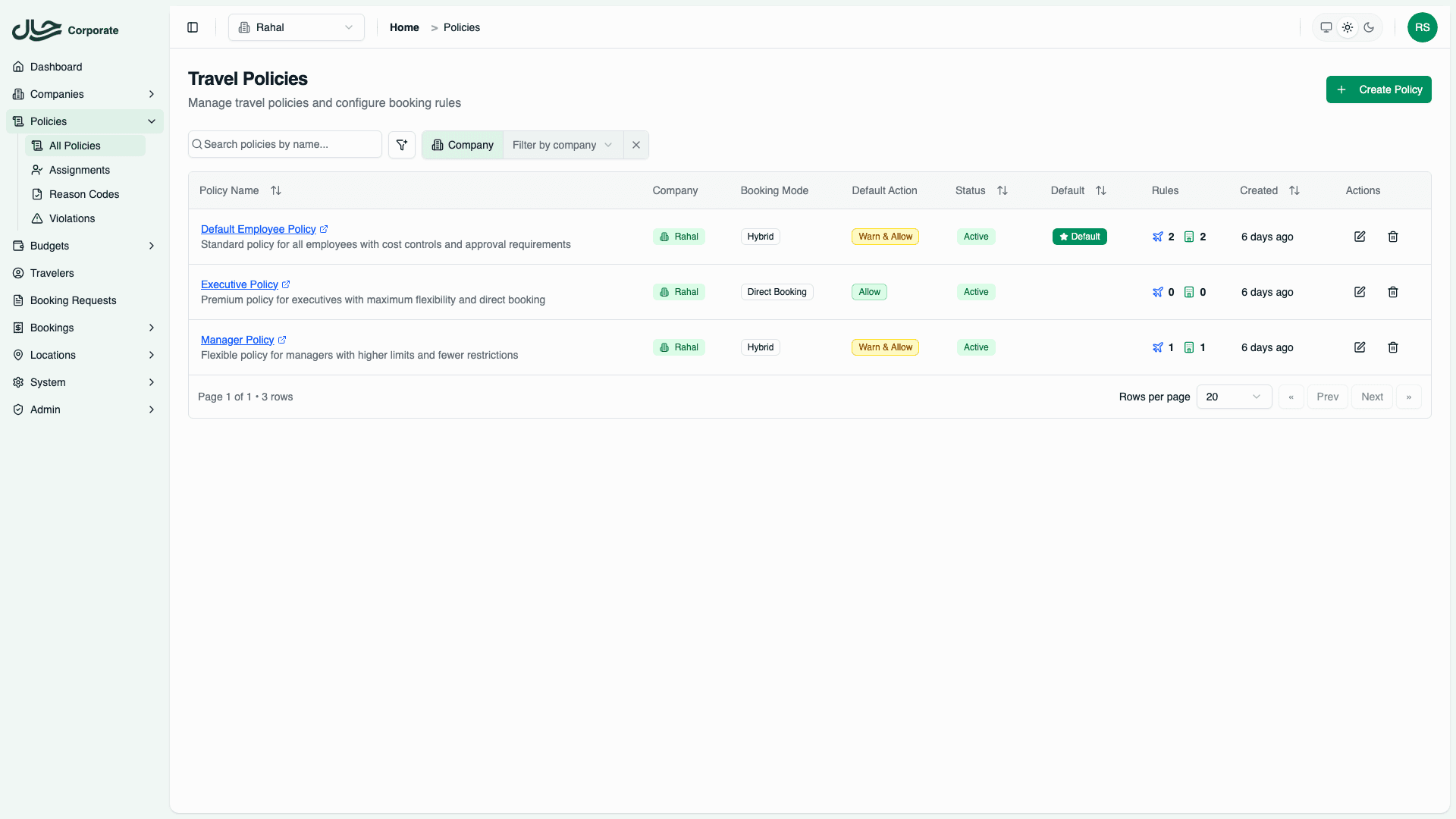 Policy list showing existing policies