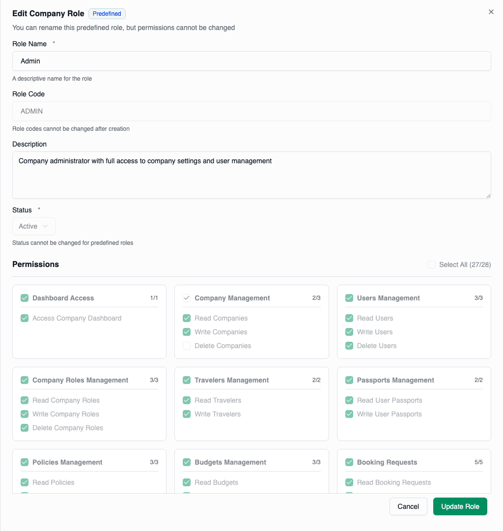 Predefined role view showing read-only permissions