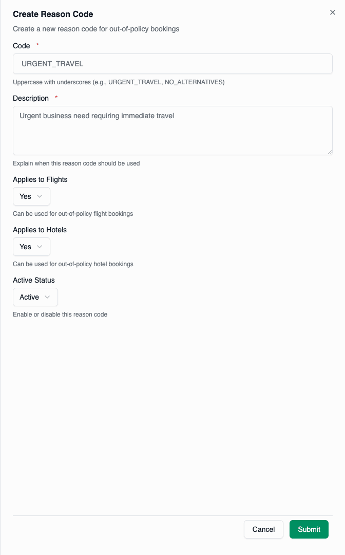 Create reason code form with all fields