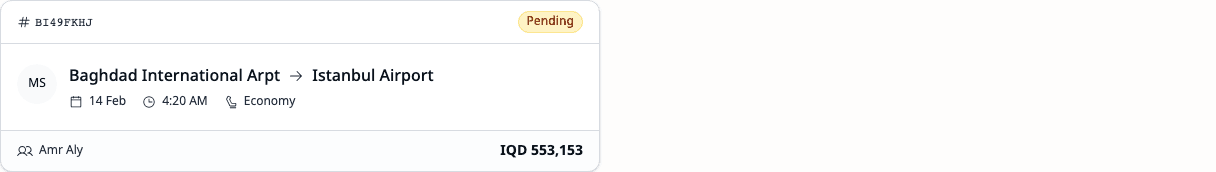 Request cards showing flight and hotel details