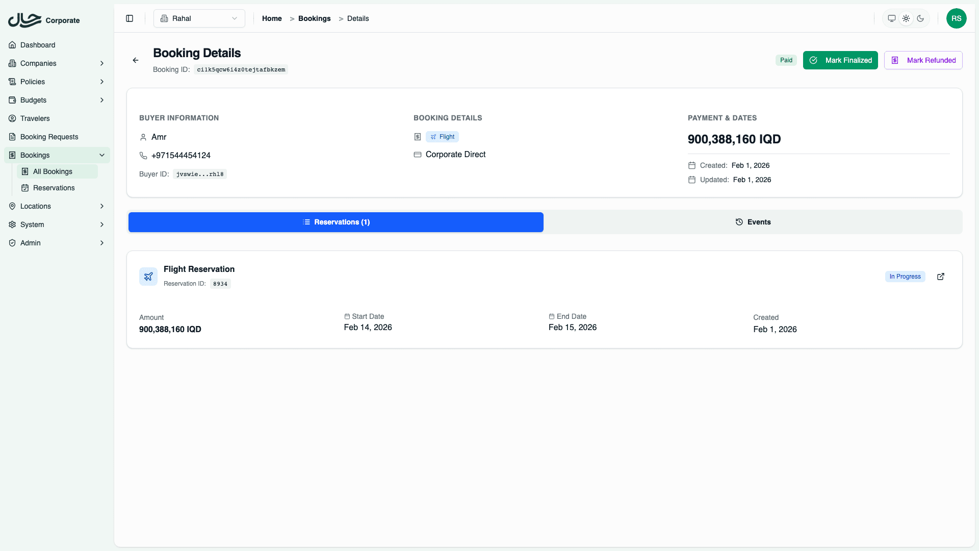 Reservations tab showing flight and hotel bookings