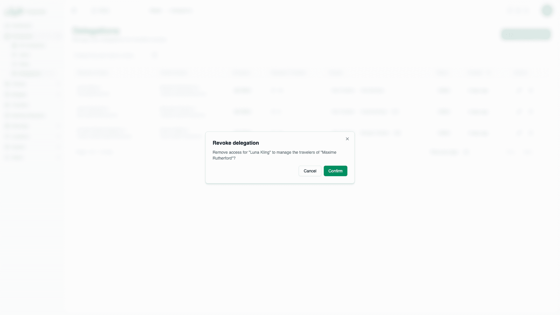 Revoke confirmation dialog showing the delegate and delegator names