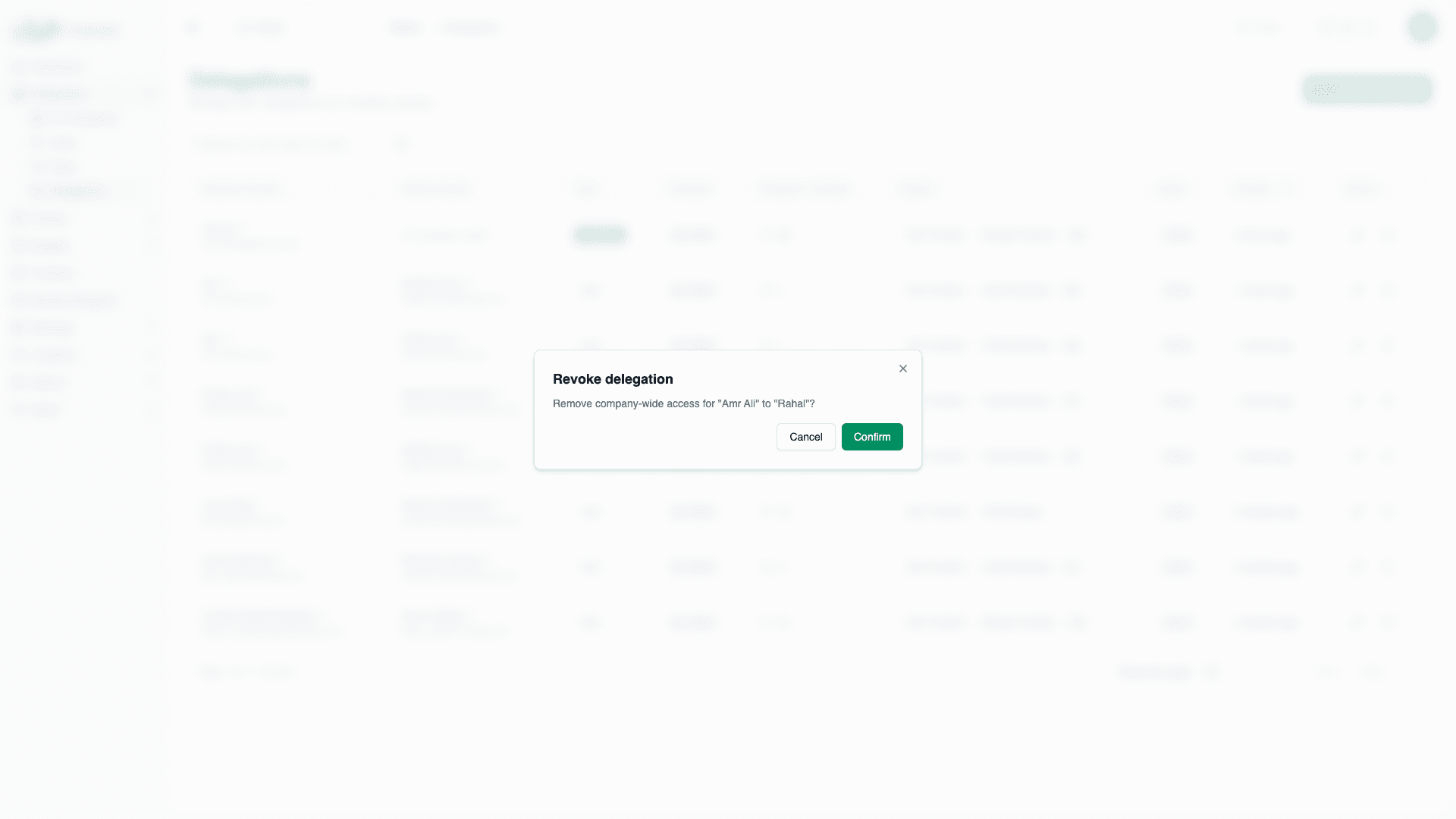 Revoke confirmation dialog showing the delegate and delegator names