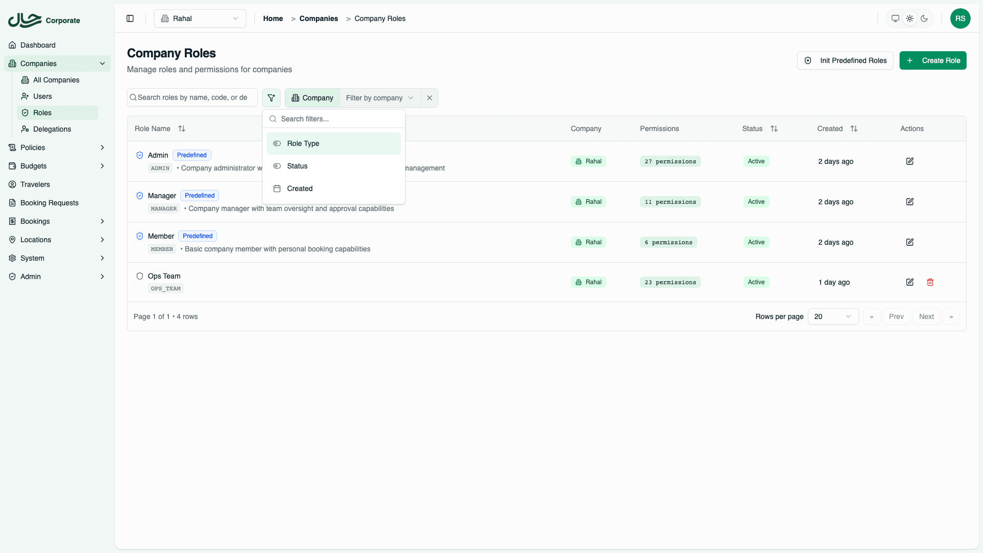 Roles list with filter options