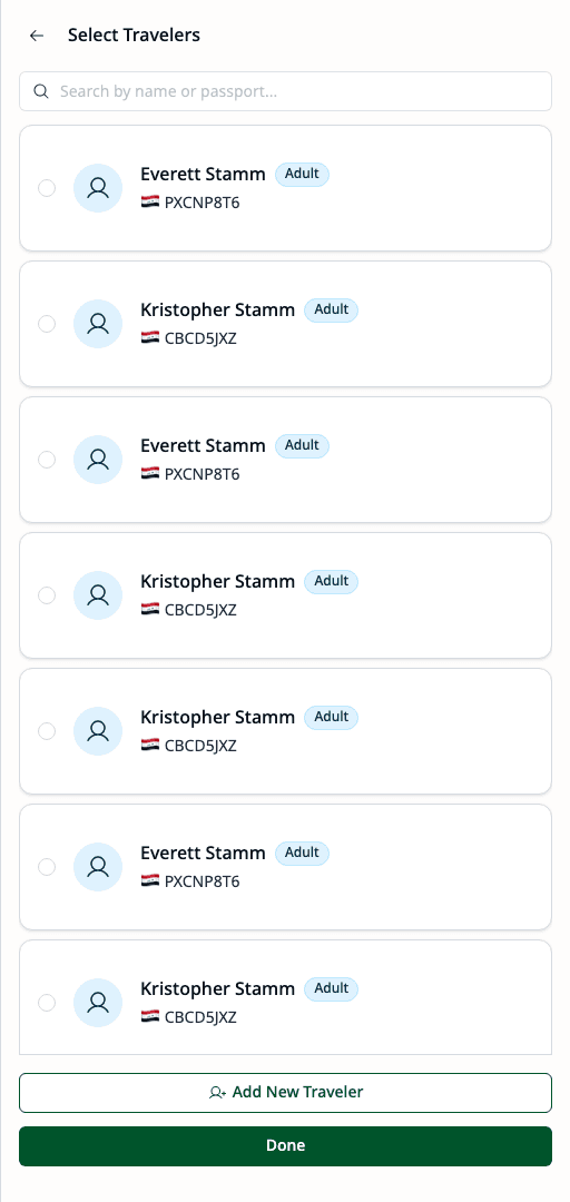 Traveler selection drawer showing delegator's travelers