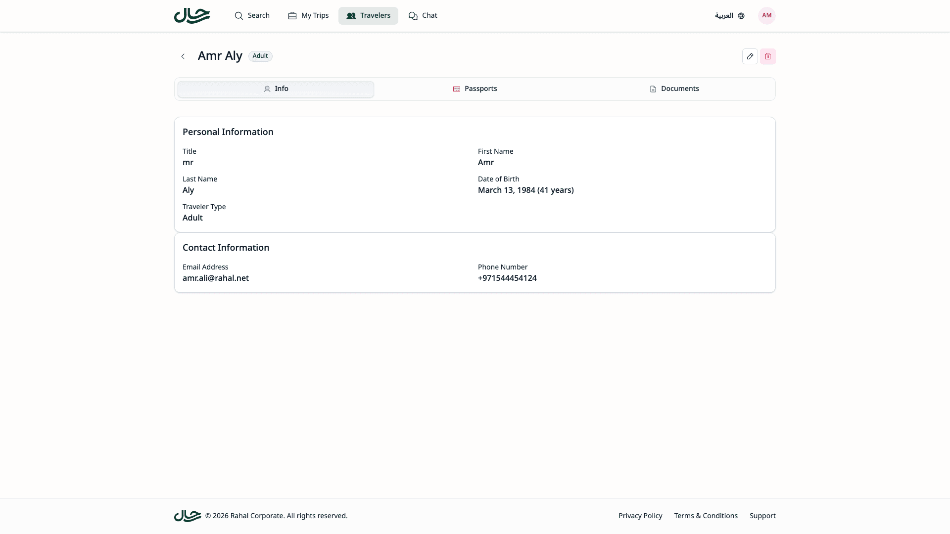 Traveler details page