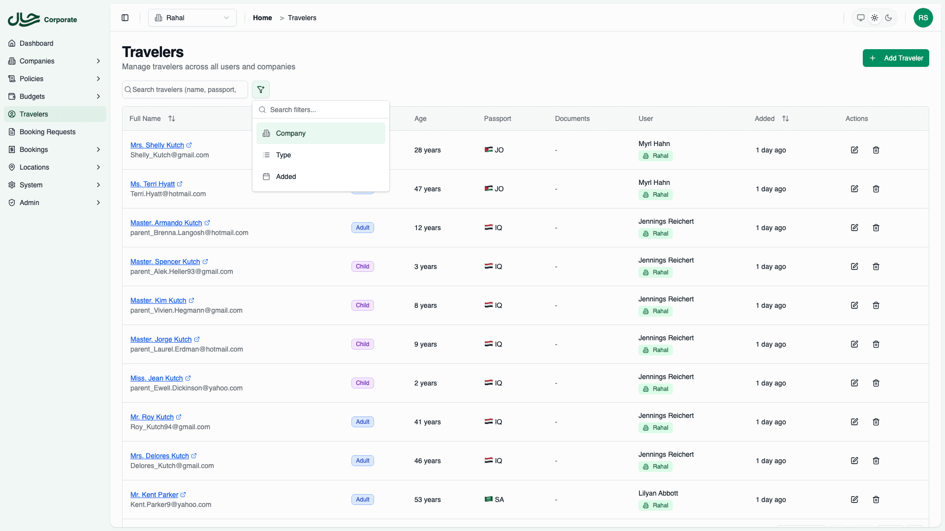 Traveler list with filters